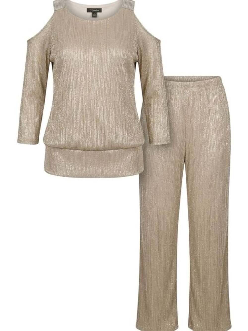 J. Lo Gold Cold-Shoulder Knit Straight-Leg Pants Set